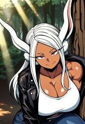 ai_generated animal_ears big_breasts black_jacket boku_no_hero_academia breasts cleavage collarbone dark-skinned_female dark_skin denim denim_bottomwear denim_clothing female fountain high_resolution highres huge_breasts jacket jacket_open jeans kemonogirls large_breasts leather_clothing leather_jacket long_hair looking_at_viewer mature mature_female midriff milf mirko miruko muscles my_hero_academia open_clothes open_jacket red_eyes rumi_usagiyama shiny_skin shirt shonen_jump smile tight_clothing white_hair white_shirt