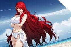 1girls 2d 2d_(artwork) ai_generated bare_arms bare_legs bare_midriff bare_shoulders bare_thighs beach beach_background belly_button bikini bikini_bottom bikini_top clouds cloudscape cloudy_sky female female_only highlights_(coloring) light-skinned_female light_skin long_hair midriff mitsuru_kirijo navel persona persona_3 red_eyes red_hair seaside shadows thick_hair thick_thighs white_bikini white_bikini_bottom white_bikini_top xyztrrz