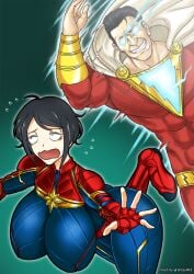 10s 1boy 30th_video_rentals alternate_breast_size ass big_ass big_breasts black_hair bodysuit breasts breasts_bigger_than_head captain_marvel captain_marvel_(cosplay) cosplay curvy dc dc_comics female fleeing gloves hero heroine highres huge_ass huge_breasts indie_virtual_youtuber kataochi_chuuko large_breasts marvel marvel_comics nakako_kataochi shazam smile superheroine tight_clothing virtual_youtuber