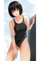 1girls black_hair black_swimsuit bob_hair clouds competition_swimsuit girl nanasaki_ai open_mouth simple_background sky tagme