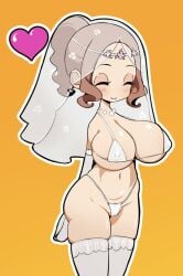 1boy atlus big_breasts bridal_veil female haru_okumura large_breasts leggings micro_bikini neucia persona persona_5 persona_5_tactica ponytail stockings wedding_dress