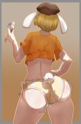 1girls alpacapac_a ass back_view blonde_hair border bunny_ears bunny_girl bunny_tail clothed_female dango dango_(food) furry hat light-skinned_female motion_lines orange_background ringo_(touhou) shorts solo solo_female thick_thighs thighs touhou