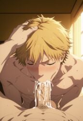 abs ai_generated balls bara biceps big_balls big_penis blonde_hair brown_eyes chainsaw_man denji_(chainsaw_man) gay hair hairy_male ilovementits male male_only muscular muscular_male nipples pecs penis sharp_teeth sweat sweaty thighs yaoi