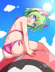 azure_striker_gunvolt azure_striker_gunvolt_2 bikini blue_eyes blue_sky cougar_(cougar1404) female from_behind green_eyes gunvolt_chronicles_luminous_avenger_ix headgear lola_(gunvolt) looking_at_viewer looking_back pink_bikini roro_(gunvolt) short_hair side-tie_bikini_bottom sky solo sunlight swimsuit wet