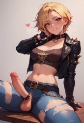 1futa abs ai_generated arm_support balls belt big_penis black_gloves black_jacket blonde_hair blush breasts buckle chains cheerful cleavage cock_ring collar crop_top dark_cultist denim dickgirl erect_penis erection fingerless_gloves futa_only futa_sans_pussy futanari gray_background hand_on_cheek heart huge_cock jacket_open jeans leaning_back leather_jacket legs_spread long_penis long_sleeves looking_at_viewer medium_breasts midriff navel open_fly partially_clothed penis penis_out precum presenting presenting_penis self_upload short_hair sitting smile smiling solo solo_futa spikes spread_legs thighs torn_clothes torn_jeans torn_pants