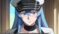 ai_generated akame_ga_kill! blue_eyes blue_hair breasts choker closed_mouth clothing esdeath female hair_between_eyes hat headwear indoors lips long_hair looking_at_viewer military military_hat military_uniform peaked_cap smile solo tagme uniform upper_body window wodstudio