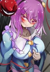 1girls angry angry_face annoyed annoyed_expression big_breasts blush blush_lines breasts clothed_female headband kna28064212 light-skinned_female pink_eyes pink_hair rain raining satori_komeiji solo solo_female third_eye touhou wet wet_clothes