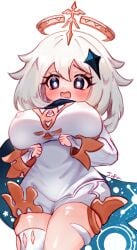 bare_thighs big_breasts blush genshin_impact infantilette nipples_bulge nipples_visible_through_clothing oppai paimon_(genshin_impact) self_upload shocked shortstack skindentation thick_thighs thighs