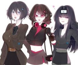 3girls black_hair camerawoman_(skibidi_toilet) clothed clothing domy_ai glasses gloves happy human humanoid long_hair multiple_girls short_hair skibidi_toilet speakerwoman_(skibidi_toilet) trio tv_woman_(skibidi_toilet)