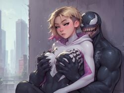 ai_generated confused grabbing_own_breast gwen_stacy gwen_stacy_(spider-verse) marvel marvel_comics meat_master public public_nudity spider-man_(series) torn_clothes venom_(marvel)