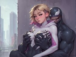 1girls ai_generated confused defeated_heroine female giving_in_to_pleasure grabbing_breasts_from_behind gwen_stacy gwen_stacy_(spider-verse) light-skinned_female marvel marvel_comics meat_master public public_nudity spider-gwen spider-man_(series) submissive_female torn_clothes venom_(marvel)