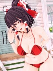 1girls 2022 3d_(artwork) belly_button bending_forward bikini breasts grass human light-skinned_female mmd one_arm_behind_back one_arm_up outdoors red_bikini red_bow red_ribbon reimu_hakurei solo_female solo_focus swimsuit touhou wooden_floor yabuinu_mmder