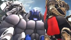 1futa 2boys 3d 4_fingers alien anus_peek arbiter arbiter_(halo) armor ass ass_focus balls big_ass big_balls big_breasts big_butt dark_skin futa_with_male futanari grey_skin halo_(game) halo_(series) huge_ass male_sangheili_(halo) male_with_futa male_with_male rayhuma sangheili ter'ssa thick_ass thick_thighs