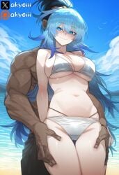 1boy 1girls ai_generated akyoi aqua_(konosuba) beach bikini blue_eyes blue_hair breasts closed_mouth dark-skinned_male dark_skin female hair_ornament hand_on_thigh kono_subarashii_sekai_ni_shukufuku_wo! konosuba looking_back standing very_long_hair white_bikini