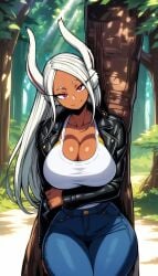 _mommy ai_generated animal_ears big_breasts black_jacket boku_no_hero_academia breasts cleavage collarbone dark-skinned_female dark_skin denim denim_bottomwear denim_clothing female fountain high_resolution highres huge_breasts jacket jacket_open jeans kemonogirls large_breasts leather_clothing leather_jacket long_hair looking_at_viewer mature mature_female midriff milf mirko miruko muscles my_hero_academia open_clothes open_jacket red_eyes shiny_skin shirt shonen_jump smile tight_clothing white_hair white_shirt