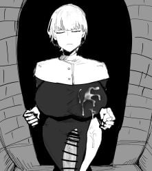 1boy 1boy1girl 1girls 2d censored closed_eyes cum cum_on_breasts cum_on_clothes emotionless expressionless first_person_view fujou_joshi huzeu1 monochrome night nun original original_character pov short_hair