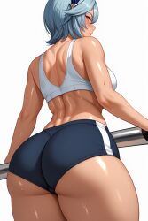 ai_generated ass ass_focus back_view eula_(genshin_impact) fat_ass genshin_impact gym_uniform huge_ass muscular_female oiled_skin shiny_skin shorts sportswear sweat thick_thighs tight_clothing