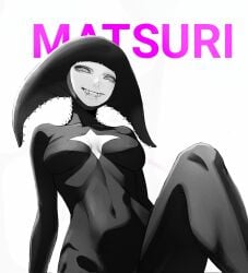 1girls artist_request big_breasts black_body boruto:_two_blue_vortex breasts cleavage crazy_eyes crotch fangs female female_only kazamatsuri_moegi leather_clothing looking_at_viewer matsuri_(boruto) naruto rinnegan smile