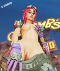 abs braided_ponytail breasts brite_raider brown_eyes clitoris dyed_hair eyebrows eyelashes eyes_half_open fondling_breast fortnite fortnite:_battle_royale glasses_on_head gloves hair_ornament half_naked looking_at_viewer messy_hair mouth_closed pants_down pink_hair pov pussy rainbow rainbow_clothing shaved_crotch shaved_pussy shoulder_pads vagina