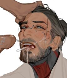 2021 arasaka asian asian_male black_hair blush blush_lines cd_projekt_red clothed cum cum_in_mouth cum_leaking cyberpunk_2077 dick facial_hair gay gay_male goro_takemura hair_bun hand_on_head light-skinned_male light_skin looking_up macophyllayu male male_only open_mouth penis simple_background teeth teeth_showing vein veiny_penis white_shirt yaoi