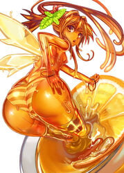 1girls ass bee_girl bent_over bow bracelet breasts brown_eyes brown_hair cameltoe chikokuma fairy female food fruit girl_in_food goo_girl hairbow hand_on_hip hips honey in_food jewelry long_hair looking_back minigirl monster_girl orange orange_eyes orange_hair original panties pointy_ears ponytail slime slime_girl small_breasts solo striped striped_legwear striped_panties striped_thighhighs thighhighs tied_hair topless transparent underwear wings