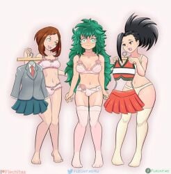 1boy 2girls black_eyes black_hair blazer bra breasts brown_eyes brown_hair bulge_under_clothes cheerleader cheerleader_uniform clothes_hanger crop_top crossdressing fake_breasts flechitas green_eyes green_hair green_skirt grey_blazer holding_clothes izuku_midoriya lingerie long_hair looking_at_viewer medium_breasts midriff momo_yaoyorozu my_hero_academia navel necktie ochako_uraraka orange_crop_top orange_skirt panties penis_in_panties pink_bra pink_lingerie pink_panties ponytail school_uniform short_hair skirt thighhighs white_bra white_lingerie white_panties