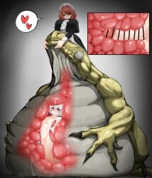 1girls belly belly_bulge big_belly censored dokukasa erection female femboy great_jagras huge_belly internal internal_view maid maid_headdress maid_uniform male monster monster_pred monster_vore penis red_hair reptile scalie stomach vore x-ray