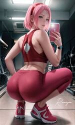 ai_generated ai_hands blue_eyes gym gym_uniform pink_hair_female sakura_haruno selfie tagme