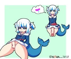 1futa bangs blue_eyes blue_hair bottomless clothed clothing erection flaccid futa_only futanari gawr_gura hair_ornament hololive hololive_english huge_cock human light-skinned_futanari light_skin mostly_clothed nova_3050 penis penis_under_clothes shark_girl shark_tail short_hair solo standing virtual_youtuber vtuber white_hair