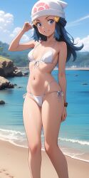 ai_generated bare_arms bare_shoulders beach beach_background bikini bikini_bottom bikini_top blue_eyes blue_hair breasts clouds dawn_(pokemon) female female hat hips khenai lake legs long_hair looking_at_viewer mountains navel pokemon pokemon_dppt skinny small_breasts smile smiling smiling_at_viewer sunlight thighs water white_bikini white_bikini_bottom white_bikini_top