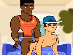 2boys 2males baseball_cap dark-skinned_male dark_skin doggystyle gay gay_sex interracial male/male male_only male_penetrated male_penetrating male_penetrating_male muscular muscular_male odd_nation_cartoons reality_resort seth_barbo shirt_on shirt_only tino_mitchell