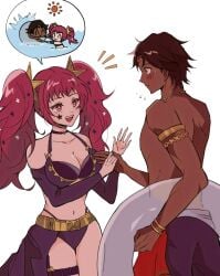 1boy 1girls alternate_costume alternate_hairstyle bikini bracelet brown_hair couple dark-skinned_male dark_skin facial_mark female female fire_emblem fire_emblem_engage fogado_(fire_emblem) gold_armlet gold_belt gold_bracelet gold_circlet gold_necklace hair_ornament halterneck highres holding holding_swim_ring jewelry male necklace nintendo oda32t official_alternate_costume official_alternate_hairstyle purple_bikini short_hair speech_bubble star-shaped_pupils star_(symbol) star_facial_mark star_hair_ornament straight swim_ring swimsuit symbol-shaped_pupils twintails yunaka_(fire_emblem)