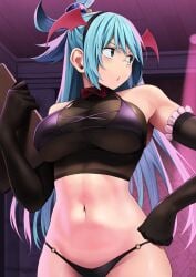 1girls alternate_costume aqua_(konosuba) aqua_eyes aqua_hair bikini blue_eyes blue_hair crop_top detailed_background ear female female_only gloves hand_on_hip izawa_(bhive003) kono_subarashii_sekai_ni_shukufuku_wo! see-through see-through_clothing see_through succubus succubus_costume topwear wide_hips