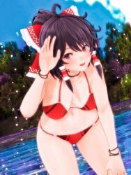 1girls 2023 3d_(artwork) bikini breasts cloud frills human leaves light-skinned_female looking_at_viewer mmd neckwear outdoors red_bikini red_bow red_ribbon reimu_hakurei sky smiling_at_viewer solo_female solo_focus swimsuit touhou trees water yabuinu_mmder