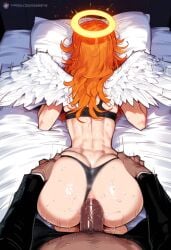 2boys ai_generated anal angel_devil_(chainsaw_man) angel_wings chainsaw_man dark-skinned_male doggy_style femboy femboysub gay halo hand_on_hip huge_ass interracial male male_penetrating_male motion_lines novelai penis pillow_grab pov sports_bra sweat tagme thiccwithaq_(ai_style) thong thong_aside yaoi zawuardo