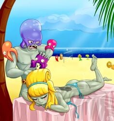 1boy 1boy1girl 1girls beach bikini bikini_top bikini_zombie_(pvz) blonde_female blonde_hair blue_bikini breasts drat edz_drawz edzdabaojian female jalapeno_(pvz) kelp lying lying_on_stomach nipples octo_zombie_(pvz) octopus outside peashooter_(pvz) plant plants plants_vs_zombies plants_vs_zombies_2:_it&#039;s_about_time popcap_games purple_eyes pvz scar scars_all_over sideboob stiched stiches sunscreen wallnut_(pvz) wet wet_body zombie zombie_girl