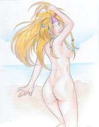 ass back blonde_hair breasts female final_fantasy final_fantasy_x final_fantasy_x-2 from_behind green_eyes long_hair looking_back maelora nipples nude rikku sideboob smile solo standing traditional_media