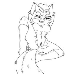 anthro areola big_breasts breasts canine erect_nipples eyeswear fox glasses hat looking_at_viewer lt._fox_vixen monochrome navel nipples presenting pussy slashysmiley smile squirrel_and_hedgehog