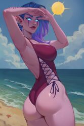 1elf 1females 1woman 2d ass beach bikini_bottom bikini_top blue_body blue_eyes breasts busty elf_ears elf_girl female l0o_art light_blue_eyes lips monster_girl night_elf oc runes sea sun_hat warcraft world_of_warcraft