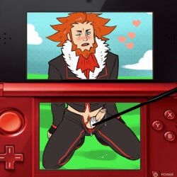 artist_request balls beard blush boner erection facial_hair gameplay_mechanics lysandre_(pokemon) male male_only nintendo nintendo_3ds on_knees penis penis_out pokemon solo solo_male stylus