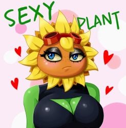 anthro blue_eyes blush boob_window breasts cleavage edz_drawz edzdabaojian electronic_arts eyelashes female flora_fauna flower freckles goggles green_body green_skin heart larger_female makeup plant plant_girl plant_humanoid plantie plants plants_vs_zombies popcap_games pvz solar_flare_(pvz) sunflower sunflower_(pvz)