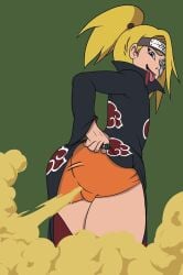 1boy art_trade ass balls big_ass big_butt black_cloak black_clothing blonde_hair blue_eyes bulge butt cloak commissioner_upload deidara fart fart_cloud fart_fetish farting femboy green_background headband male male_fart male_only naruto orange_underwear red_clothing shaded solo theycallmebeans thick_thighs tongue tongue_out underwear white_clothing yellow_fart