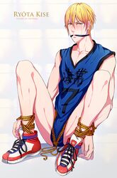 akubaka basketball_uniform blonde_hair blush bondage bottomless clothed_erection erection kise_ryouta kuroko_no_basuke male male_only pixiv_manga_sample solo sportswear tear yellow_eyes