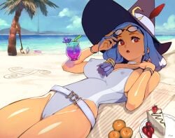 beach bikini blue_hair breasts broom cake cameltoe covered_nipples female female_focus female_only floating floating_object food glasses hat little_witch_academia long_hair looking_at_viewer open_mouth optionaltypo palm_tree red_eyes removing_eyewear shiny_skin signature solo studio_trigger swimsuit thick_thighs thighs tree ursula_callistis witch_hat