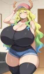 1girls ai_generated black_shirt black_stockings blonde_hair closed_eyes curvy_female dragon_girl hat horns huge_breasts jean_shorts long_hair lucoa milkersenjoyer miss_kobayashi's_dragon_maid quetzalcoatl_(dragon_maid) smile thick_thighs thighhighs