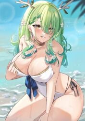 1girls antlers beach breasts ceres_fauna choker earrings green_hair hair_flower haruuukuma hololive hololive_english hololive_english_-council- hololive_english_-promise- large_breasts long_hair looking_at_viewer mole mole_under_eye necklace ocean one-piece_swimsuit outside swimsuit virtual_youtuber water white_one-piece_swimsuit white_swimsuit yellow_eyes