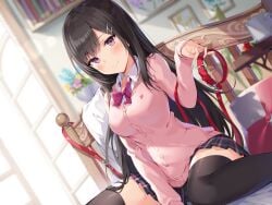 1girl 1girls absurdres ale_nqki bed bedroom between_legs black_hair black_skirt black_thighhighs blazer blurry blurry_background blush bow bowtie breasts cardigan closed_mouth collar depth_of_field dutch_angle hair_ornament hairclip hand_between_legs highres holding_collar indoors large_breasts leash long_hair looking_at_viewer medium_breasts non-web_source on_bed original pink_blazer pink_eyes plaid_clothes plaid_skirt pleated_skirt purple_eyes school_uniform sidelocks sitting skirt sleeves_past_wrists smile solo thighhighs wariza