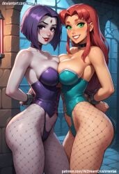 ai_generated aidreamcrush ass breasts choker cleavage dc dc_comics hips horny indoors koriand'r lipstick makeup night posing rachel_roth raven_(dc) smiling starfire teen_titans waist