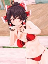 1girls 2023 3d_(artwork) belly_button bikini bracelets breasts frills human light-skinned_female mmd neckwear outdoors pointing red_bikini red_bow red_ribbon reimu_hakurei smiling solo_female solo_focus stairs swimsuit touhou wooden_floor yabuinu_mmder