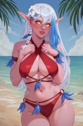 1females 1woman beach_towel belly_button bikini blood_on_face blue_tuft braid breasts bust elf_ears elf_female l0o_art long_hair oc red_bikini sea tuft warcraft white_hair world_of_warcraft yellow_eyes